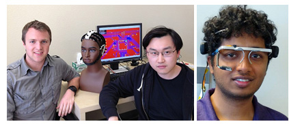 Photo left: Trevor Kerth (left), Sr. design engineer and Dr. Mike Chi, CTO of Cognionics Inc. sit with a model of wireless sensors capable of monitoring the heart and brain without touching the skin; Photo right: Siddharth Siddharth with his head-mounted eye-tracking system