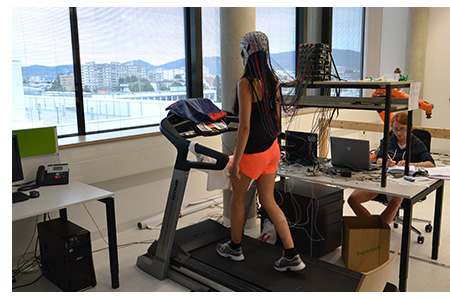 Dr. Wagner monitoring one of her EEG gait adaptation experiments