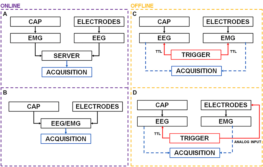 Scheme representing different strategies for offline and online synchronization
of multiple streams of data for MoBI experiments